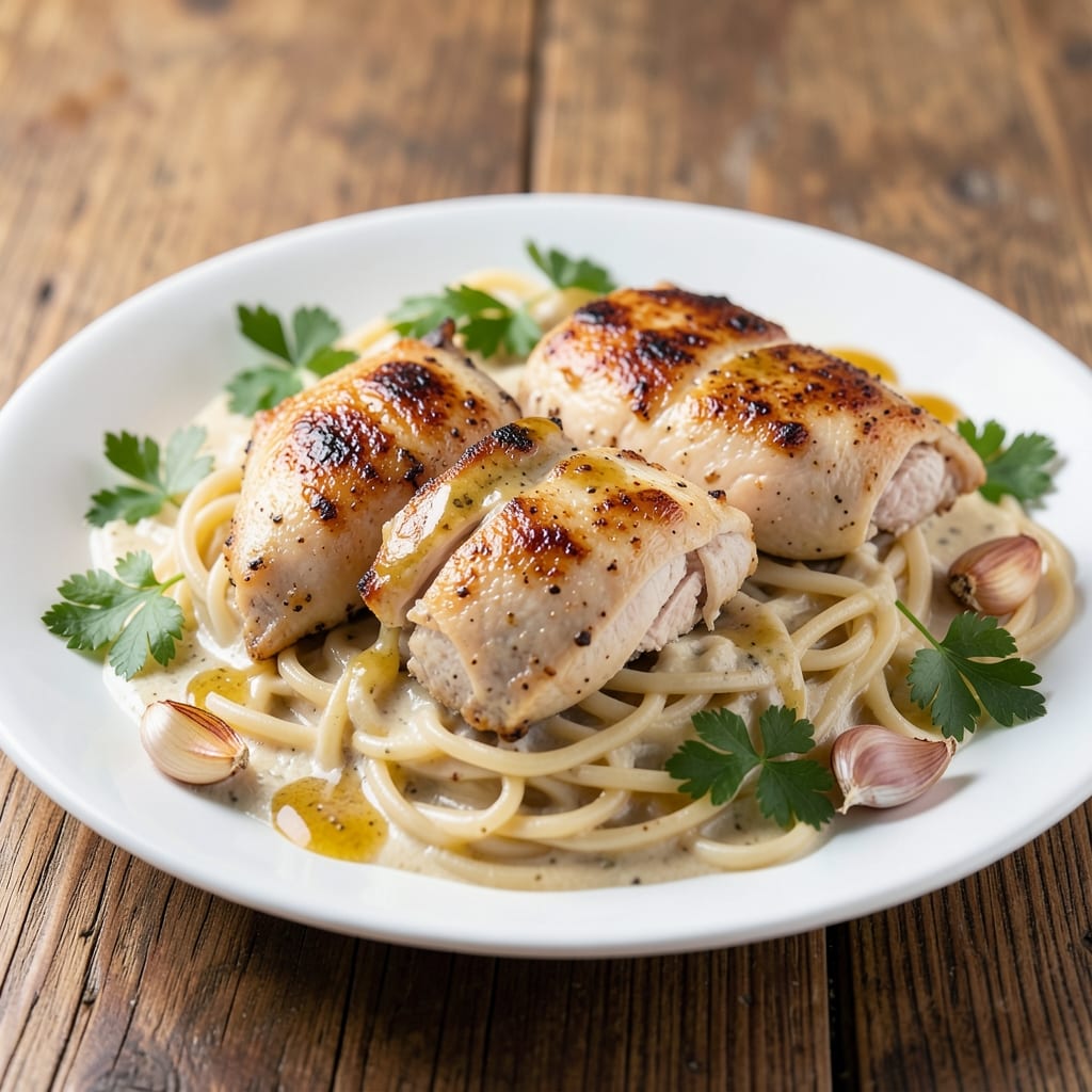 Creamy Garlic Chicken Thighs Over Egg Noodles Recipe: One-Pot Silky Sauce Harmony