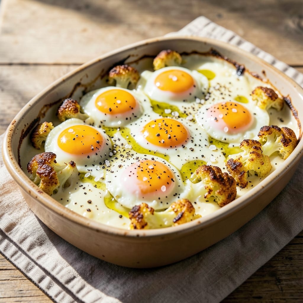 Cauliflower Egg Bake Recipe: Crispy Top and Creamy Yolk Rivers