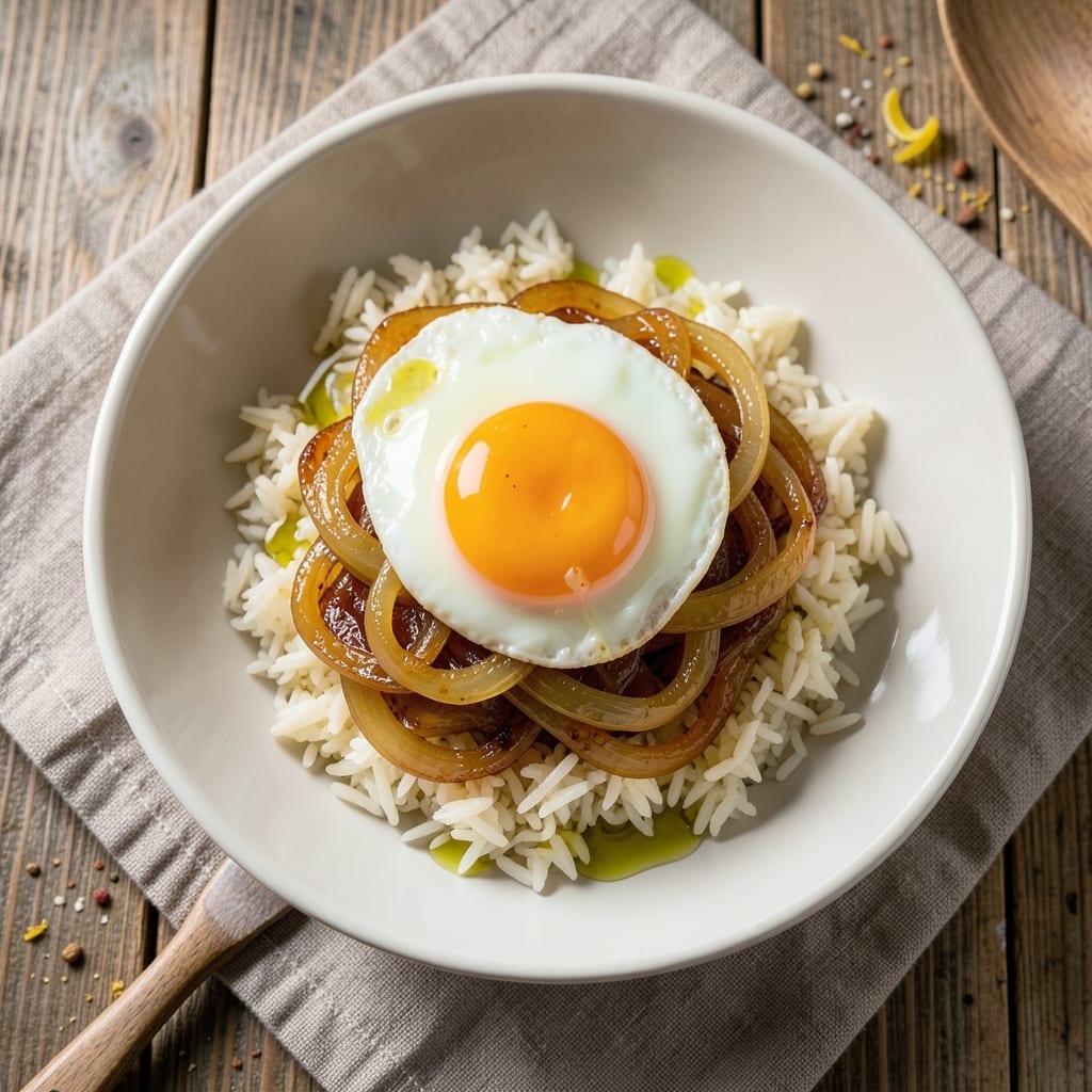 Egg And Onion Bowl Recipe: Crispy Fried Eggs With Caramelized Onions