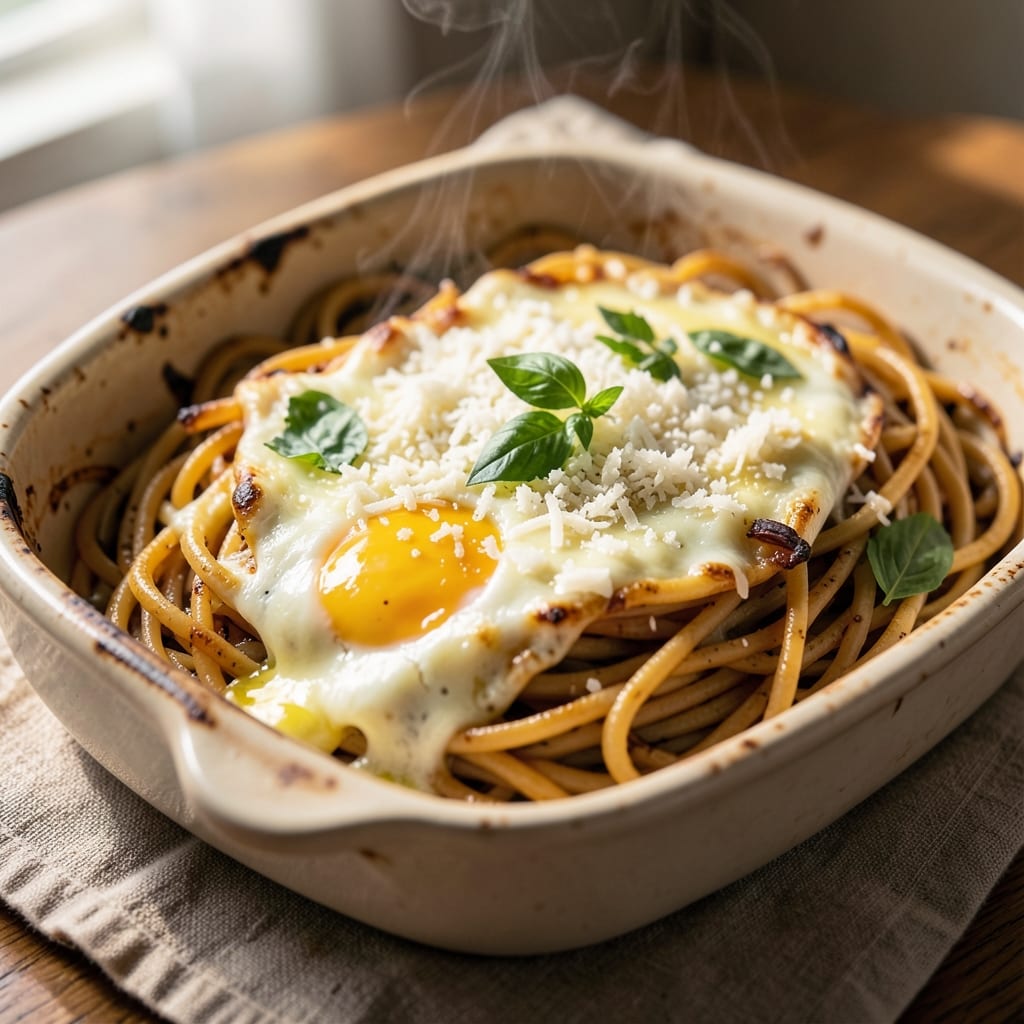 Baked Spaghetti Recipe with Egg and Parmesan Cheese: Crispy Top, Silky Custard Breakfast