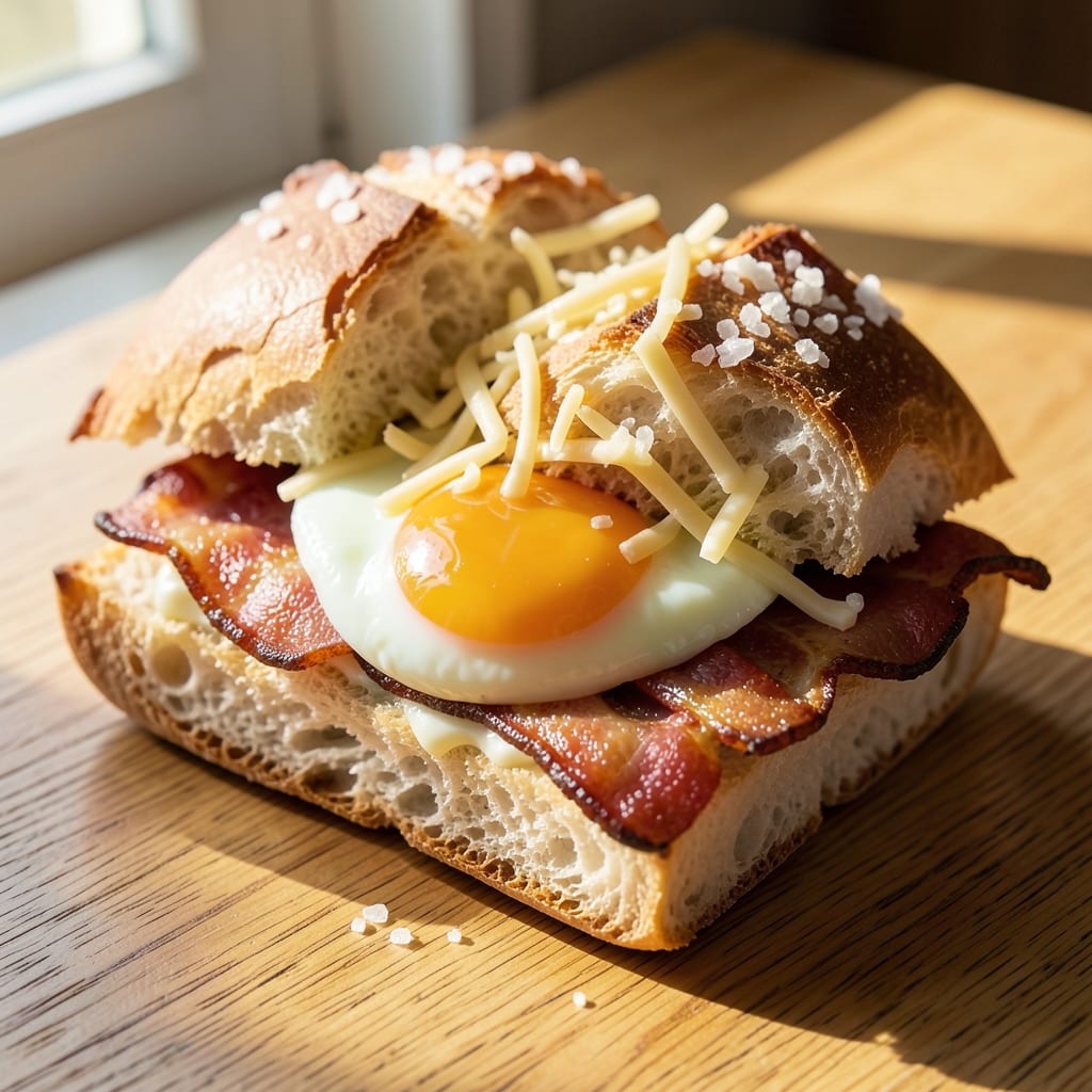 Bacon Egg Cheese Ciabatta Recipe: Crispy Toasted Bread Bites with Runny Yolk Magic