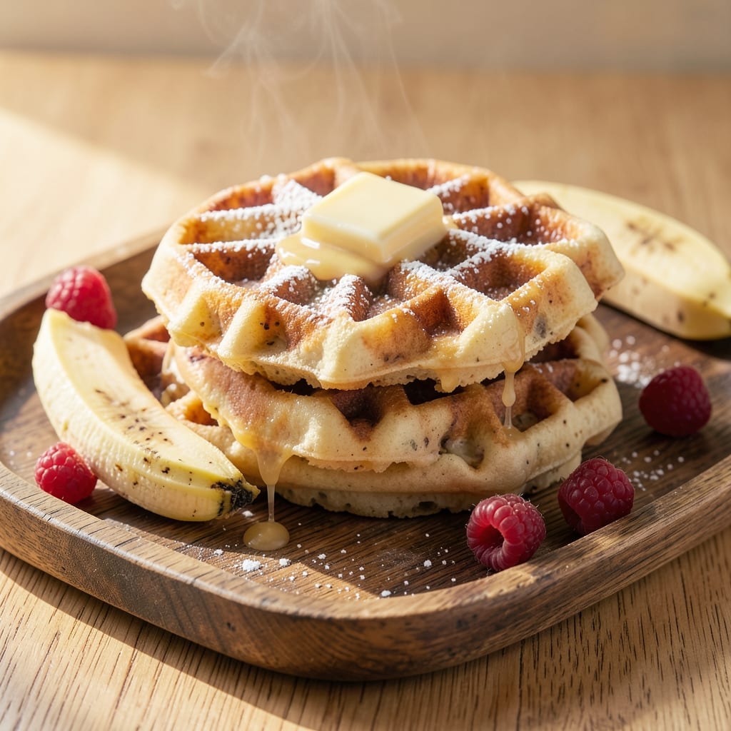 Banana Egg Waffles Recipe: Fluffy Stacks With Caramelized Banana Streaks